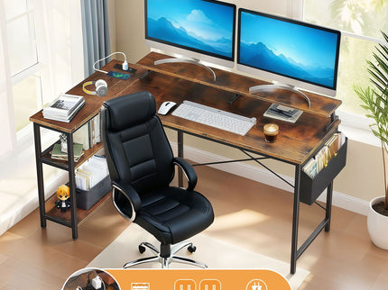 L-Shaped Gaming Desk With Power Outlets, Monitor Stand & Storage Shelves, Reversible Corner Workstation - Black / Brown