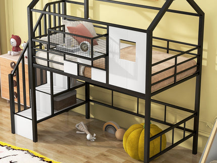 Metal Loft Bed With Roof Design And Storage Box With Guardrails And Integrated Ladder