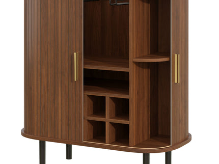 Fluted Wine Bar Cabinet With 8 Grid Wine Rack, 5 Level Adjustable Shelves, 2 Glass Holders