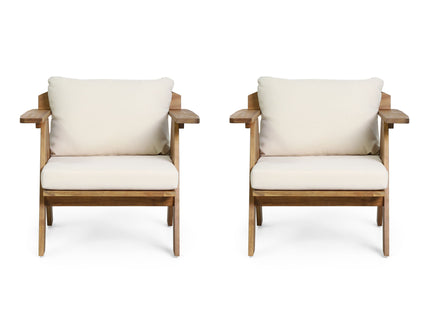 Outdoor Acacia Wood Club Chairs With Cushions (Set of 2) - Teak / Beige