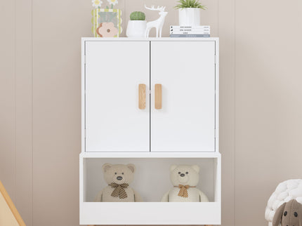 Toy Storage Cabinet With Doors And Open Shelf, Toddler Bookshelf For Playroom - White