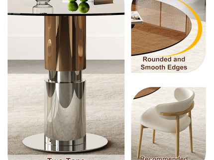 Round Dining Table With Tempered Glass Top - Brown