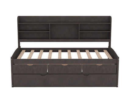 Captain Bed With Built In Bookshelves, 3 Storage Drawers, And Trundle