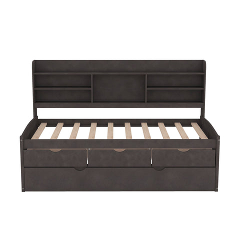 Captain Bed With Built In Bookshelves, 3 Storage Drawers, And Trundle