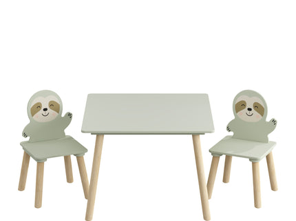 Sloth Themed Table And Chair Set With 2 Cute Animal Chairs - Natural Wood / Sage Green