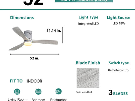 52" Ceiling Fan With LED Light, Reversible DC Motor, Remote Control - Silver