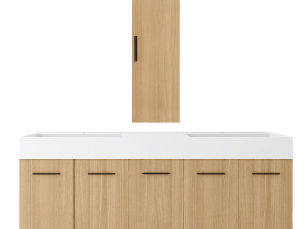 Floating Double Sink Bathroom Vanity Set With Tall Linen Cabinet, Extra Large Storage, Integrated Sink, Soft Close Doors - Glossy White / Light Oak