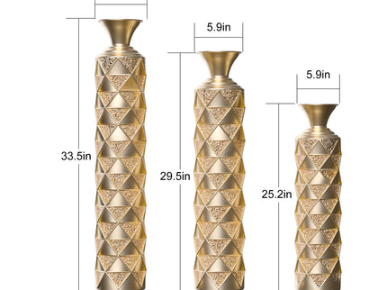 Metal Decorative Vase High Distress Metal Center Vase With 3D Triangle Pattern, (Set of 3) Vases For Home Decoration - Gold