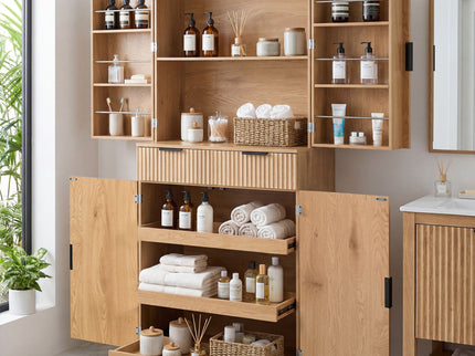 Fluted Kitchen Pantry Cabinet With 3 Keyboard Drawers & 6 Door Shelves Adjustable