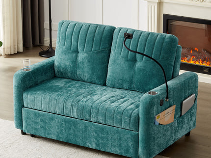 Modern Loveseat Pull Out Sofa Bed With Adjustable Backrest, Two Cup Holders, A Phone Holder, Three Charging Ports And Side Storage Pockets For Living Room