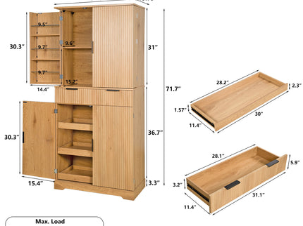 Fluted Kitchen Pantry Cabinet With 3 Keyboard Drawers & 6 Door Shelves Adjustable