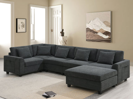 U Shaped Sectional Sofa 6 Seat Couch Set With Oversized Ottoman, Hidden Armrest Storage And Cup Holders USB Charging Ports Wide Seat Sofa