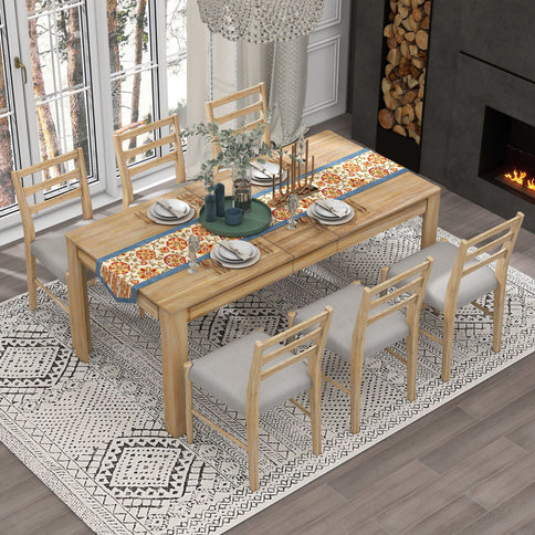 7 Piece Dining Set With Extendable Table, 2 Drawers & 6 Upholstered Chairs