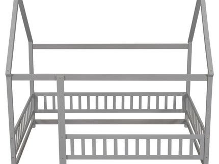 Floor Wooden Bed With House Roof Frame, Fence Guardrails
