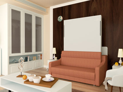 Morden Deisgn Vertical Murphy Bed With Sofa For Bedroom Or Guestroom White Wall Bed Space Saving Hidden Bed With New Style Gas Struts - Orange