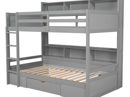 Twin Size Bunk Bed With Built-In Shelves Beside Both Upper And Down Bed And Storage Drawer