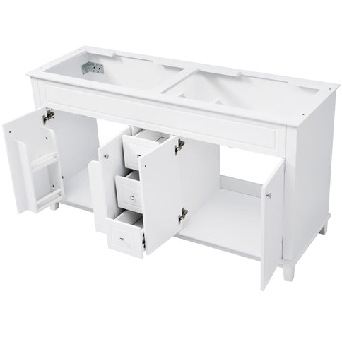 Bathroom Vanity Cabinet Only, 3 Drawers & 4 Doors & Double Layer Shelves - White