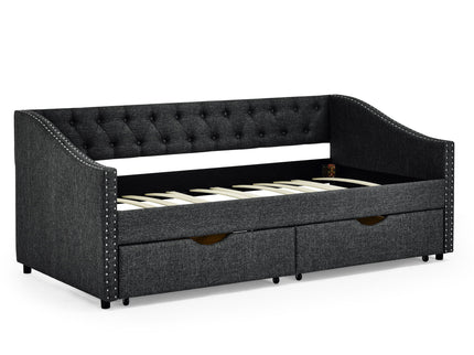Upholstered Tufted Daybed With 2 Drawers, Waved Arms