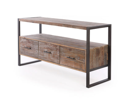 Reclaimed Wood Media TV Console Table With 3 Drarwer, Open Shelf - Antique Gray