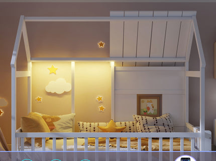 House Floor Bed With 7 Color LED Light, Built In Bookshelf