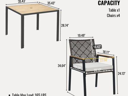 5 Piece Patio Dining Table Set, Acacia Wood Table Top With Umbrella Hole