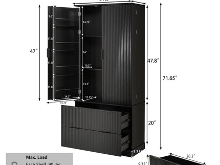 Fluted Kitchen Pantry Cabinet With 2 Large Drawers & 8 Door Spice Rack