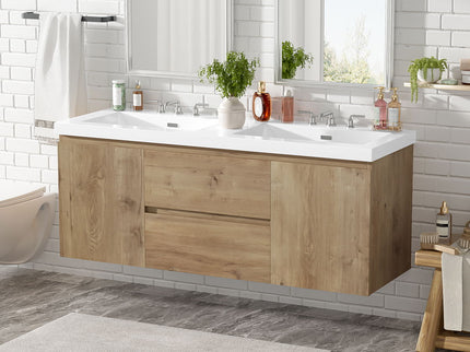 Double Sink Bathroom Vanity, Cabinet & Soft Close Doors, Divided Drawers, Wall Mounted Storage - Wood