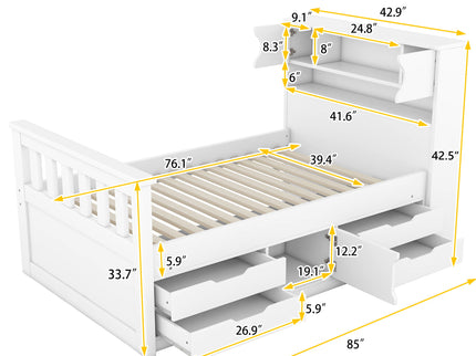 Captain Platform Bed Frame With Storage Bookcases, Shelves, And 4 Drawers