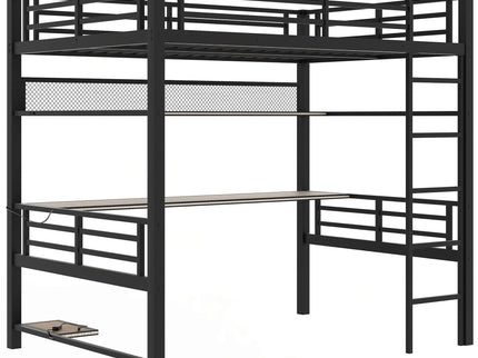 Full Size Loft Bed Frame With Storage Shelf And LED Light - Black