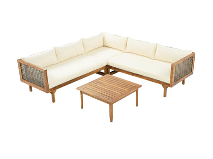 Premium Outdoor Sofa Set With Waterproof Cushions Sectional Seating Group With Acacia Wood And Wicker - Brown Mix / Beige