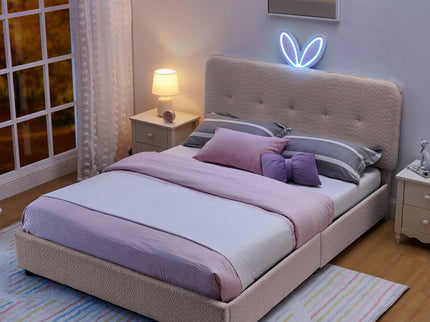 Upholstered Bed With Oversized Rabbit Ear Headboard, LED Lights & 4 Storage Drawers