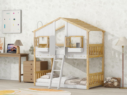 House Bunk Bed With Roof, Window, Window Box, Door, With Safety Guardrails And Ladder