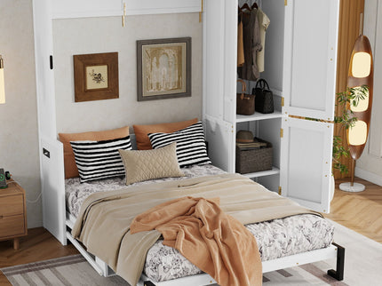 Queen Size Murphy Bed With Wardrobe, Space-Saving Hidden Wall Bed With Desk And Charging Station - White