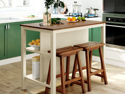 Rustic 3 Piece Stationary Kitchen Island Set With 2 Seatings, With 2 Open Shelves