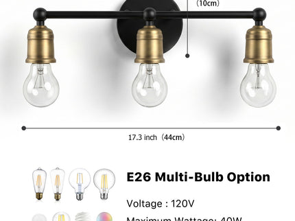 3 Light Wall Sconce, Vanity Light, No Bulbs Included - Black / Gold