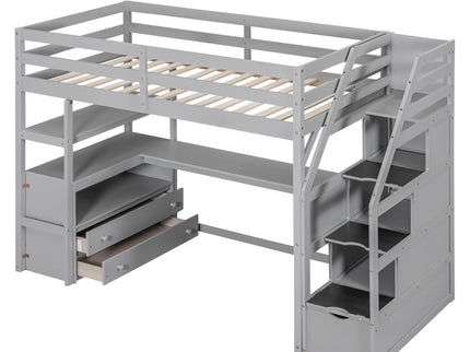 Loft Bed With Desk, Shelves, 2 Drawers, Storage Staircase