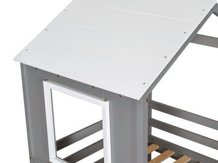 Bunk Bed Wood Bed & Roof, Window, Guardrail, Ladder