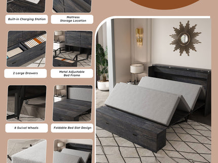 Full Murphy Bed With Storage Drawers, Charging Station, Foldable Panels, And Silent Swivel Wheels