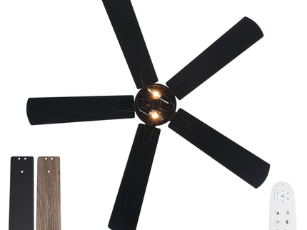 Ceiling Fan With Light, Dual‑Sided Matte Black & Wood Grain Blades - Black