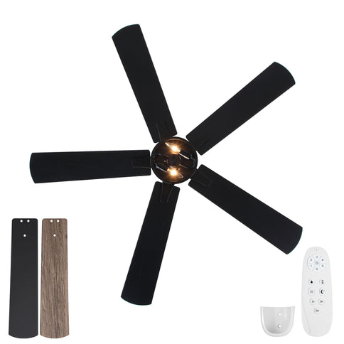Ceiling Fan With Light, Dual‑Sided Matte Black & Wood Grain Blades - Black