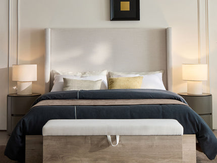 Shelton - Queen Upholstered Wingback Bed With 54" High Headboard - Ivory / Light Gray / Camel Oak