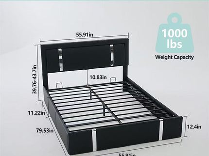 Upholstered Platform Bed Frame With Adjustable LED Headboard, USB C-Charging, Hydraulic Lift