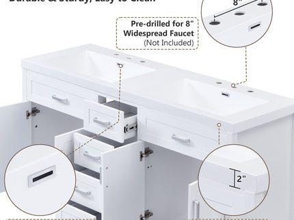59.1" Minimalist Double Sink Bathroom Vanity With Top, Soft Close Doors & Drawers - White