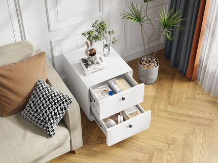 Modern Night Stand Storage Cabinet For Living Room Bedroom, Steel Cabinet With 2 Drawers, Bedside Furniture, Circular Handle - White