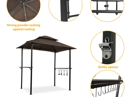 Outdoor Grill Gazebo With Double Tier Soft Top Canopy, Steel Frame, Bar Counters & Hook