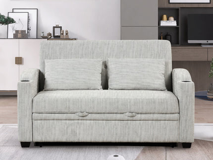 Pull Out Loveseat Sofa With Adjsutable Backrest, 2 Pillows, Cup Holders, USB Ports For Living Room