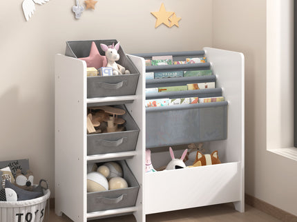 Bookshelf And Toy Storage Organizer, Multifunctional 4 Tier With 3 Collapsible Drawers - White