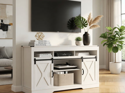 Farmhouse TV Stand With Sliding Barn Doors & Adjustable Storage
