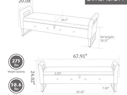 Wide Storage Soft Ottoman Bench With Armrests