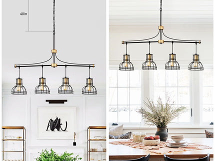 Dining Room Light Fixture / Chandelier Table, 40 -" Hanging For Farmhouse Linear Chandeliers, 5 Light Kitchen Island Lighting Ceiling Chandelier, With Metal Lampshade - Gold / Matte Black